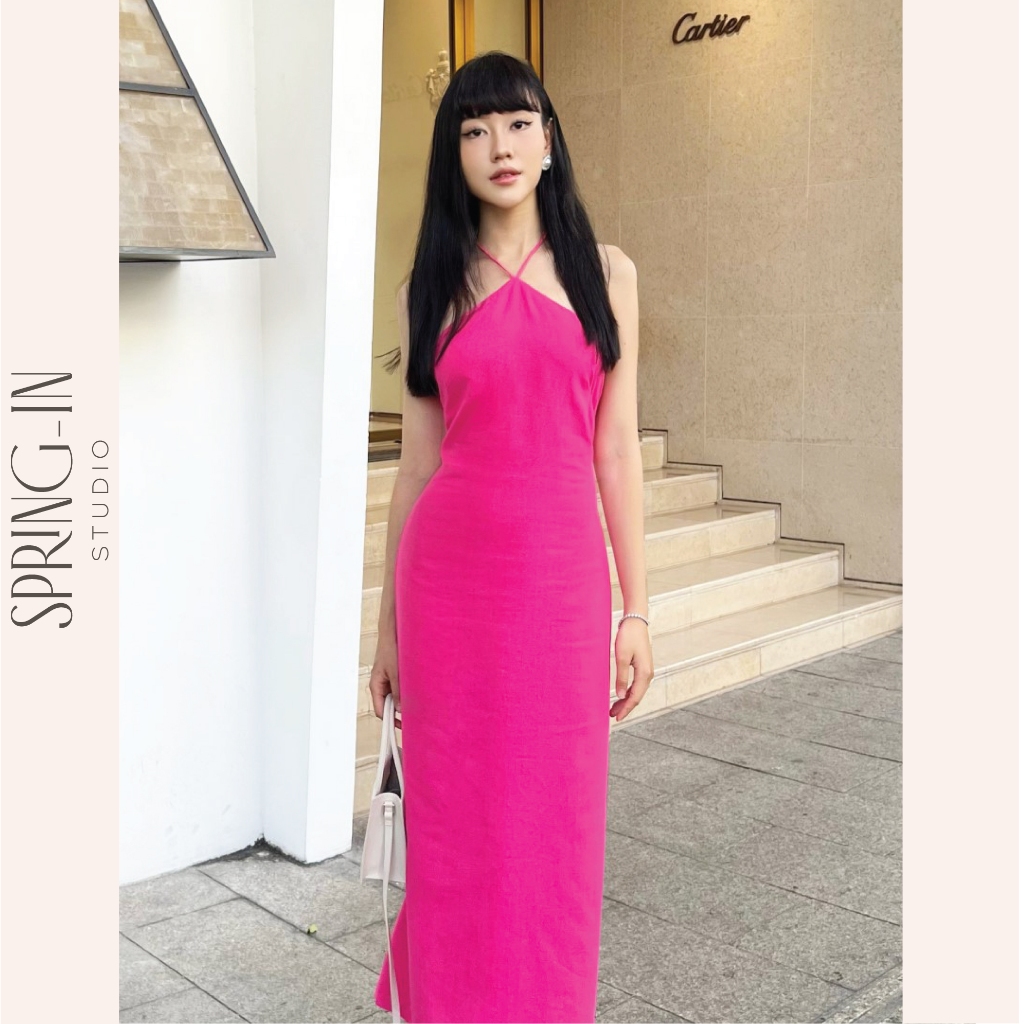 Đầm nữ suông linen dáng dài thiết kế cổ yếm hở lưng SPRING-IN