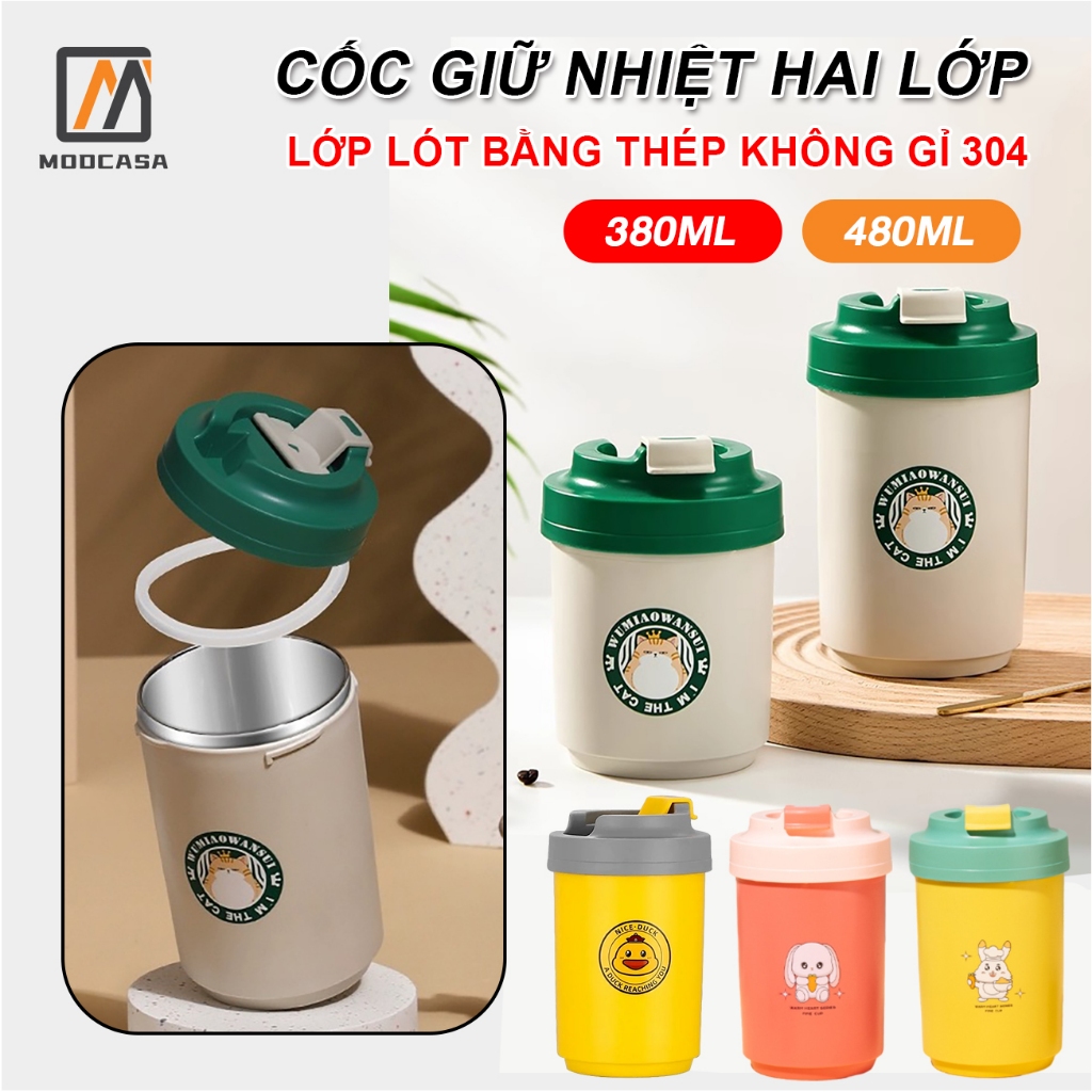 Cốc cách nhiệt inox bình ly nước cách nhiệt mini Inox 304 dung Cốc Giữ Nhiệt 380ML 480ML Mèo Đáng Yêu