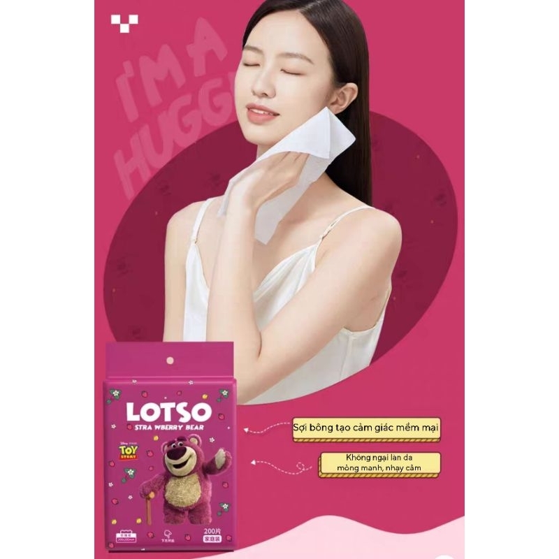 Gói 200 tờ khăn giấy lau mặt khô đa năng gấu dâu LOTSO treo tường cao cấp