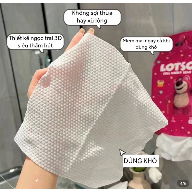 Gói 200 tờ khăn giấy lau mặt khô đa năng gấu dâu LOTSO treo tường cao cấp
