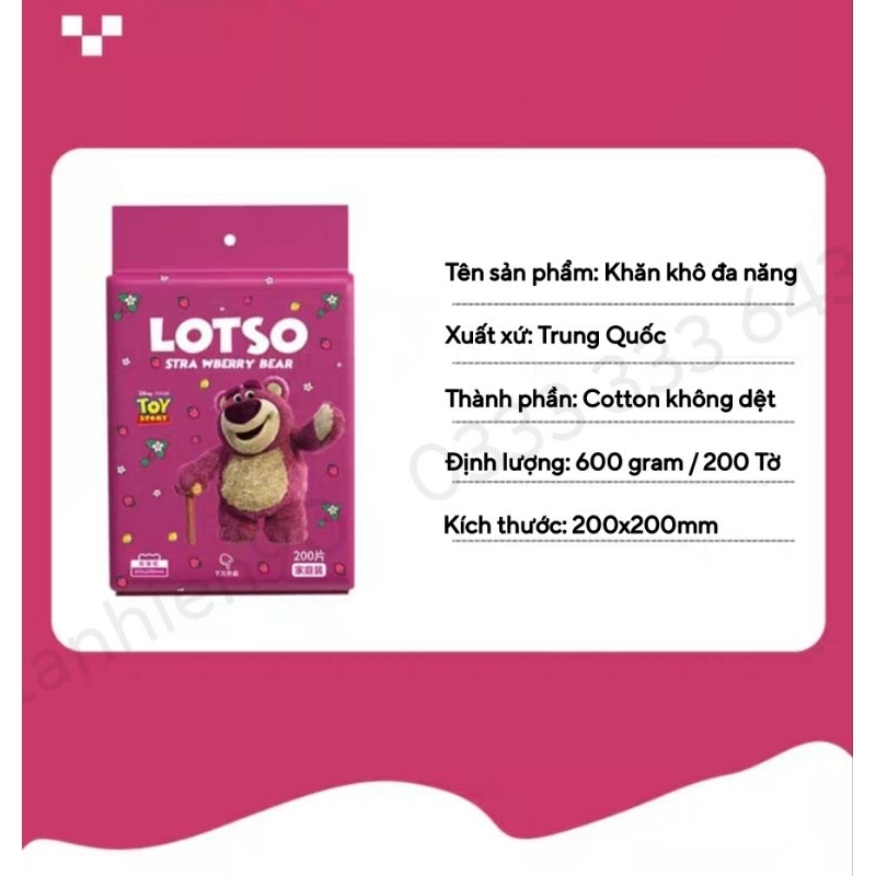 Gói 200 tờ khăn giấy lau mặt khô đa năng gấu dâu LOTSO treo tường cao cấp