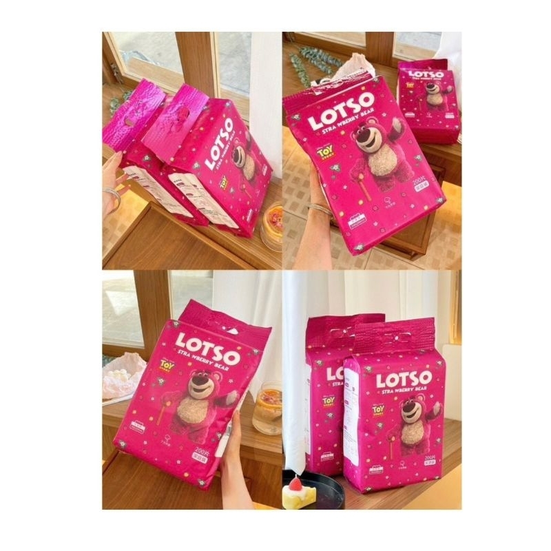 Gói 200 tờ khăn giấy lau mặt khô đa năng gấu dâu LOTSO treo tường cao cấp