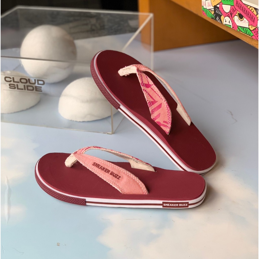 Dép Sneaker Buzz xỏ ngón đỏ rượu quai hồng sọc 1SB0048