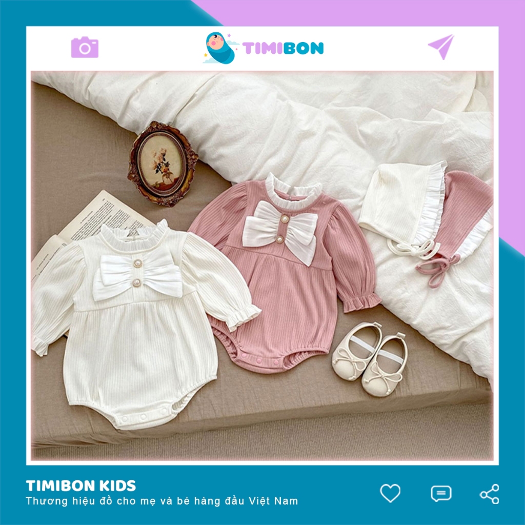 Bộ Bodysuit Dài Tay Kèm Mũ Và Quần Tất Cho Bé Gái, Set Nơ Trắng Áo Liền Quần Cho Bé Từ Sơ Sinh Đến 12kg - [BDCHIP11]