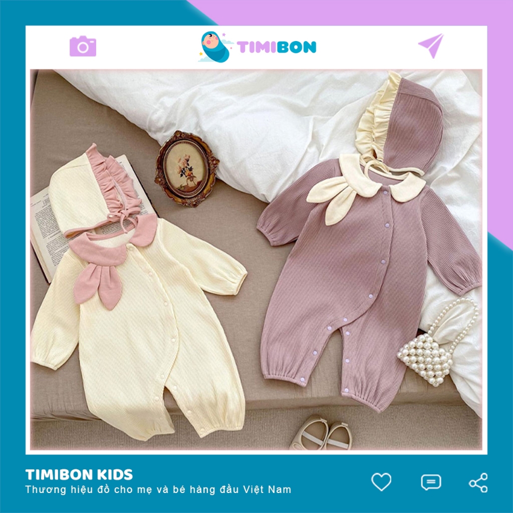 Sét Body Tiểu Thư Đầy Tháng Thôi Nôi Thun Gân Lót Bông Cổ Tai Thỏ Kèm Mũ Cho Bé Gái Dễ Thương - [BDD43]