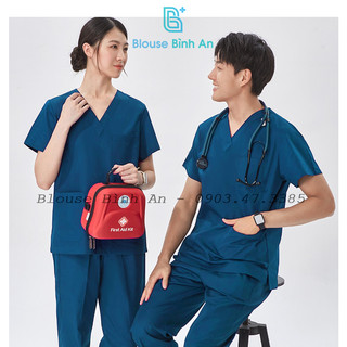 Đồng phục Y Tế, Spa màu xanh xẫm dành cho bác sĩ, y tá, điều dưỡng, thẩm mỹ viện, dược Vải cotton lạnh - Blouse Bình An