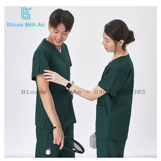 Đồng phục Y Tế, Spa màu xanh rêu dành cho bác sĩ, y tá, điều dưỡng, thẩm mỹ viện, Vải Cotton Cao Cấp - Blouse Bình An