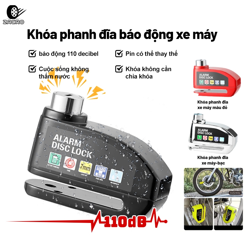 Khóa xe ZACRO thích hợp cho khóa phanh đĩa xe máy, xe đạp, có thể báo động