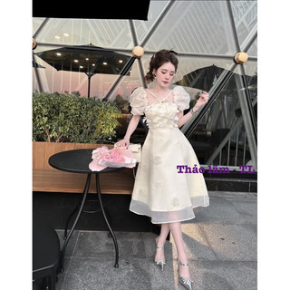 VÁY TƠ ĐÍNH HOA TAY CHUN BỒNG DÁNG DÀI - tk hotgirl