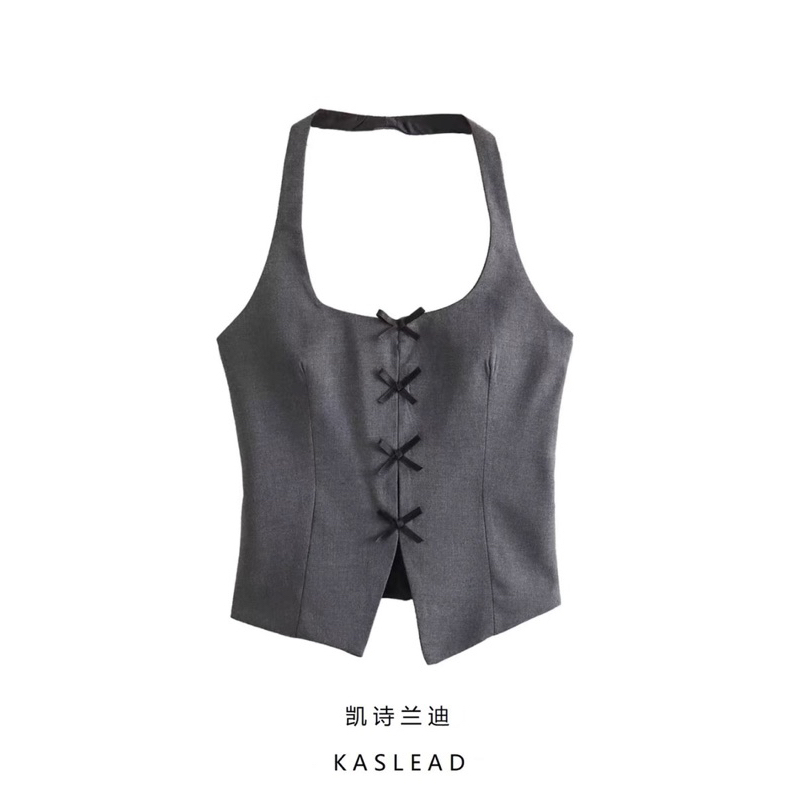 Áo xám cổ yếm phối nơ hàng TQ