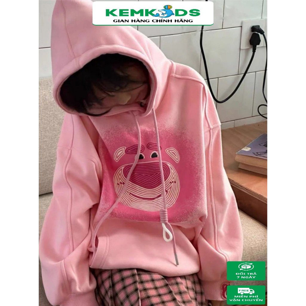 Áo hoodie Kem Kids có mũ hình gấu dâu màu hồng sữa cho bé size 10-30kg