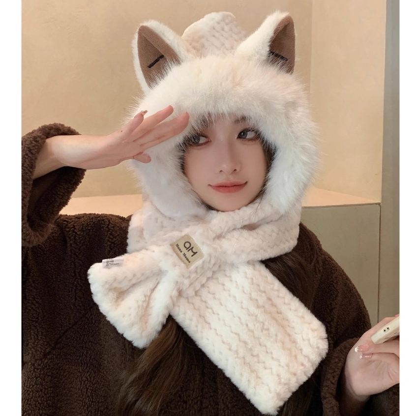 Mũ len nữ lông cừu kèm khăn quàng cổ, nón len mùa đông giữ ấm tai mèo đáng yêu SLEEPYCHIC phong cách Hàn Quốc
