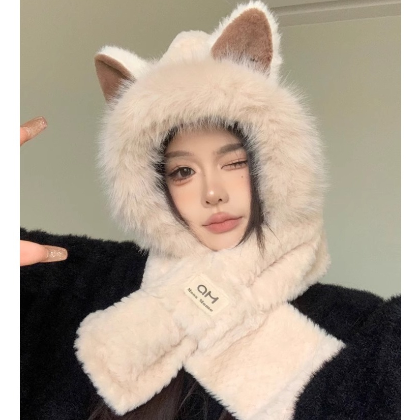 Mũ len nữ lông cừu kèm khăn quàng cổ, nón len mùa đông giữ ấm tai mèo đáng yêu SLEEPYCHIC phong cách Hàn Quốc