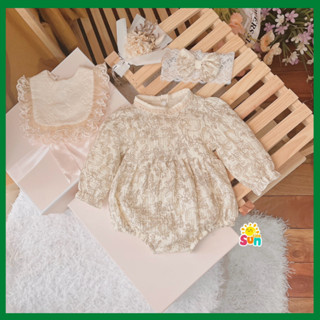 Tặng yếm và turban, body dài tay cho bé gái từ 4 đến 10kg, chất xô muslin mềm đẹp/ Body xô thỏ kèm yếm