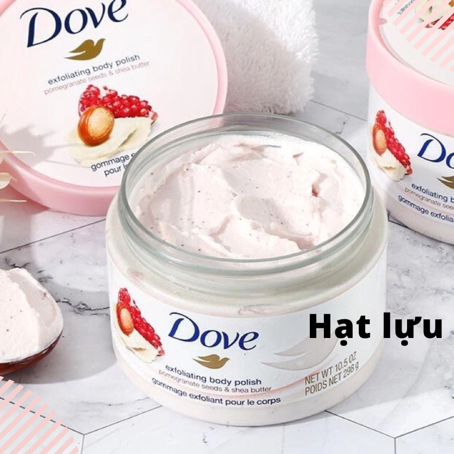 Tẩy Da Chết Toàn Thân DOVE Exfoliating Body Polish, Kem Dove Chăm Sóc Da Chiết Xuất Macca, Bơ Mỡ & Hạt Lựu 225ml Lil_C
