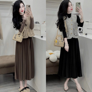 Set váy dài tay dáng dài xếp ly mix áo dạ gile hàng quảng châu cao cấp