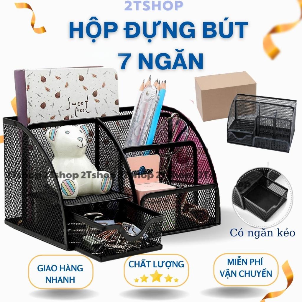 Hộp đựng bút để bàn 7 ngăn bằng kim loại, khay cắm bút, kệ bút, để bút bàn làm việc, hộp bút có ngăn kéo nhỏ decor bàn