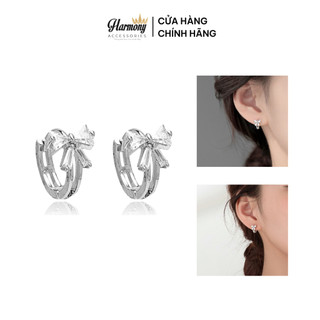 Khuyên tai tròn nữ bạc ý 925 mặt nơ mảnh đính đá nhỏ nhắn, phong cách Hàn Quốc | HARMONY ACCESSORIES K195