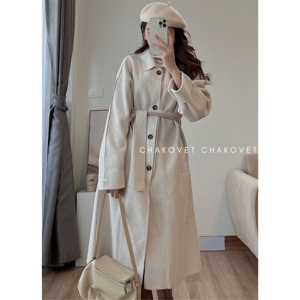 Áo dạ nữ thắt đai dáng dài A8759, áo khoác cổ bè thời trang sành điệu mùa đông cho phái nữ siêu tôn dáng ấm áp-CHAKOVET