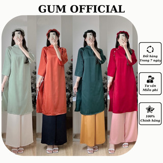 Set áo dài cách tân nữ lụa khuy cài kèm mấn ngọc GUM OFFICIAL , Set áo dài lụa trơn kèm mấn