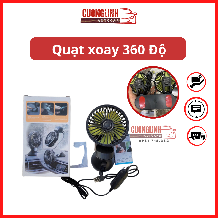 Quạt Xoay 360 Độ Dùng Trên Ô Tô 5V/12V/24V, Cắm Chân USB, Quạt Đa Năng Cho Bàn Máy Tính , Bàn Làm Việc