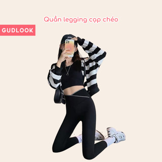 Quần Dài Legging Nữ GUDLOOK Nâng Mông Cạp Chéo Viền Trắng