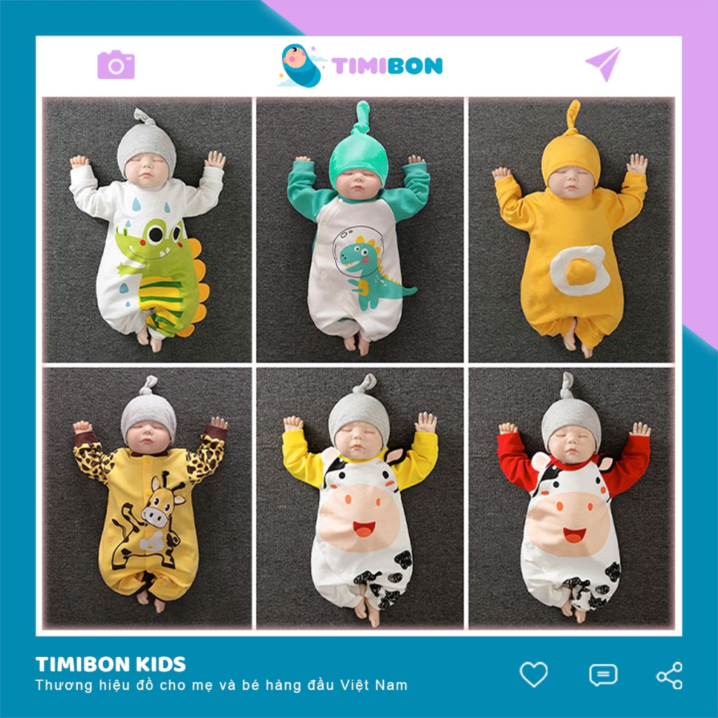 [ Tặng Kèm Mũ ] Quần Áo Trẻ Em Sơ Sinh Bộ Đồ Liền Thân Dài Tay Chất Cotton Bodysuit Hình Thú Cho Bé Trai Bé Gái [BDD18]