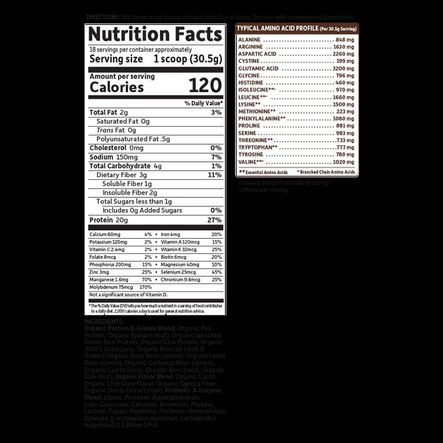 Hỗn hợp bột dinh dưỡng Garden of Life Organic Protein & Greens Protein Powder, vị Chocolate 550gr