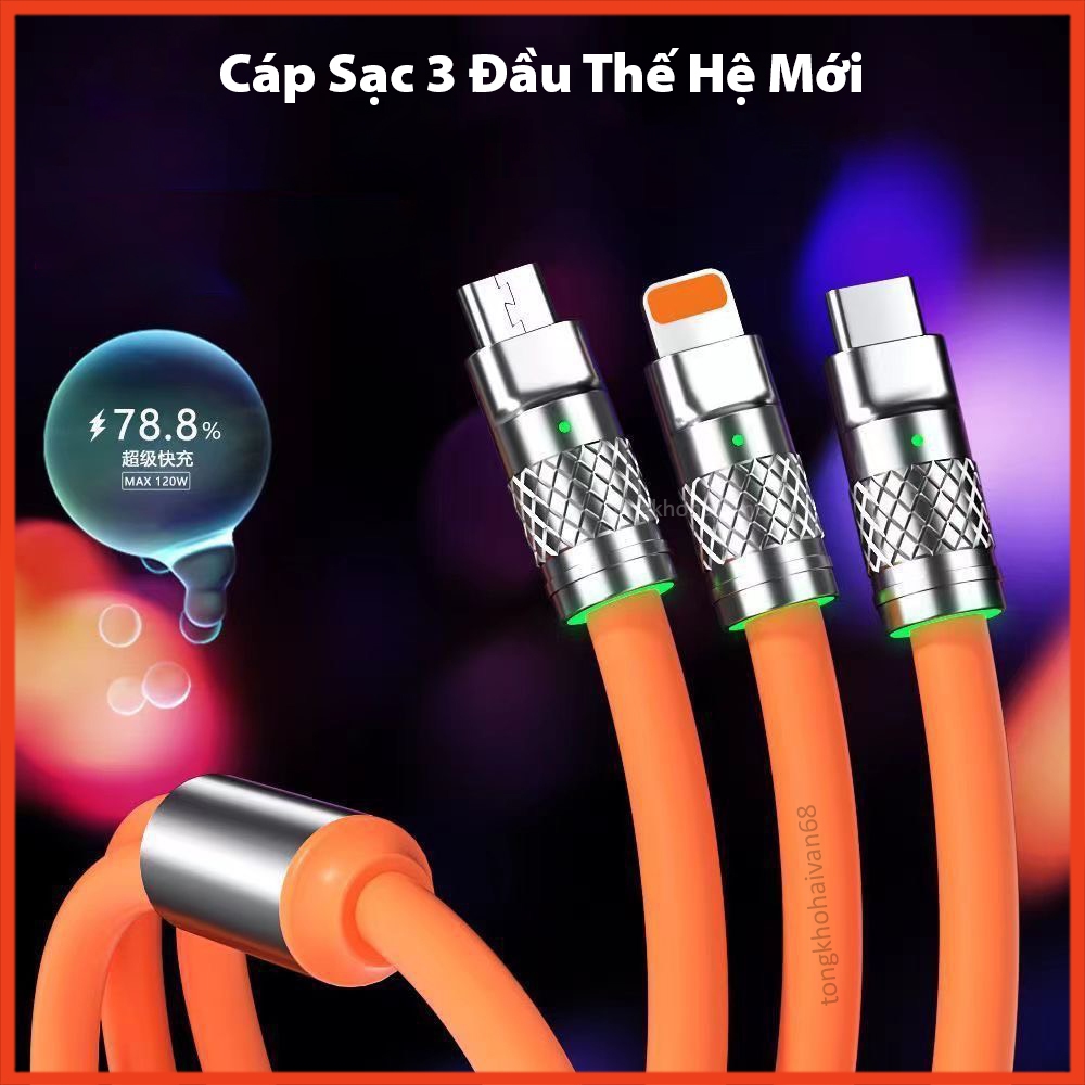 Cáp Sạc Nhanh 3 đầu hỗ trợ sạc nhanh 3 trong 1 chất liệu silicon và hợp kim kẽm siêu bền 120W 6A đầy đủ tiện ích
