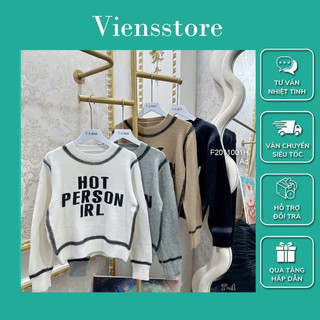 Áo len croptop tay dài phối viền in chữ sang trọng VIENS STORE