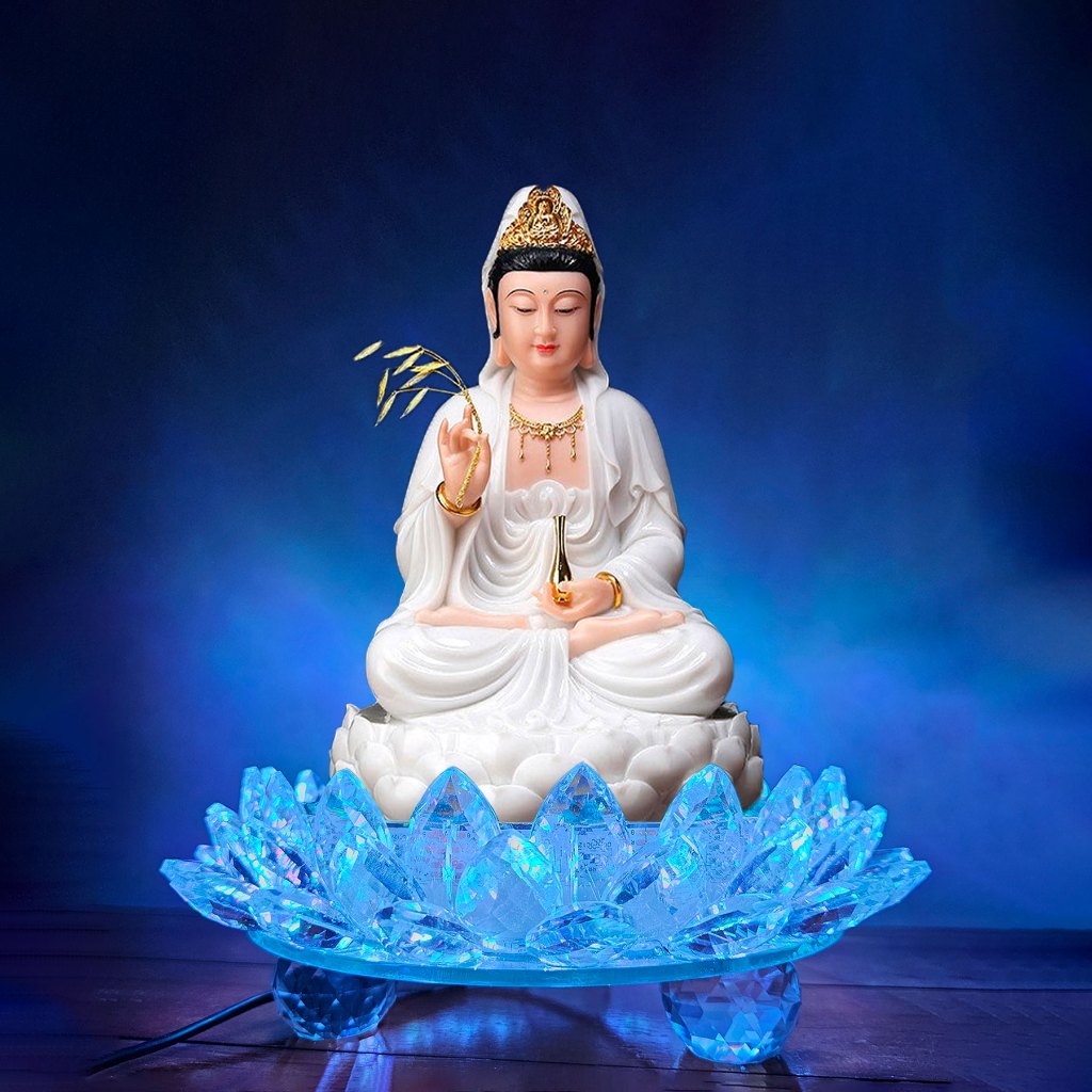 Đài Sen Pha Lê Tròn Trang Trí Tượng Quan Âm Cùng Phật Di Lặc, Có Đèn LED Đổi Màu Kèm Điều Khiển Từ Xa
