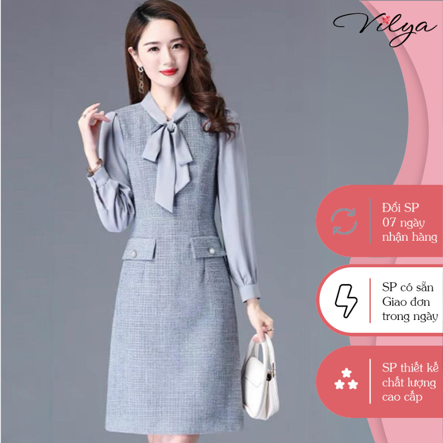 Đầm công sở dáng xòe VILYA màu ghi xám cổ nơ tay dài cao cấp VD029