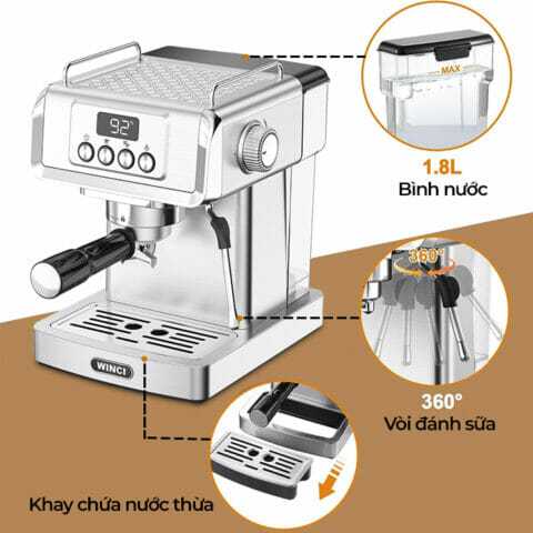 Máy pha cà phê Espresso WINCI EM4214, Vỏ Inox, áp lực nén 20 Bar, Bảo hành 12 tháng chính hãng.