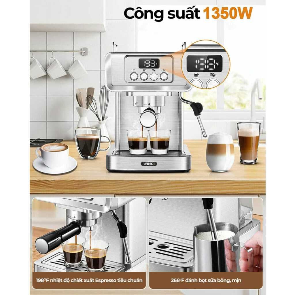 Máy pha cà phê Espresso WINCI EM4214, Vỏ Inox, áp lực nén 20 Bar, Bảo hành 12 tháng chính hãng.