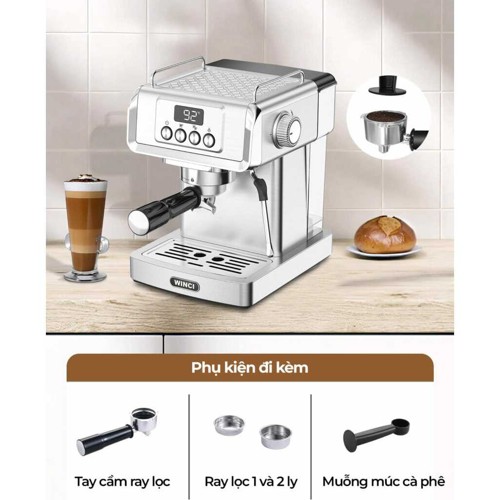 Máy pha cà phê Espresso WINCI EM4214, Vỏ Inox, áp lực nén 20 Bar, Bảo hành 12 tháng chính hãng.