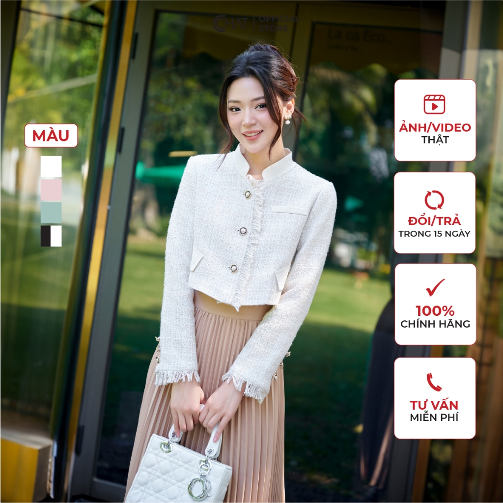 Áo Khoác Nữ 𝐂𝐂𝐇𝐀𝐓 Kiểu Tua Rua Dáng Suông Chất Dạ Tweed Cao Cấp 23EHZ8005ST
