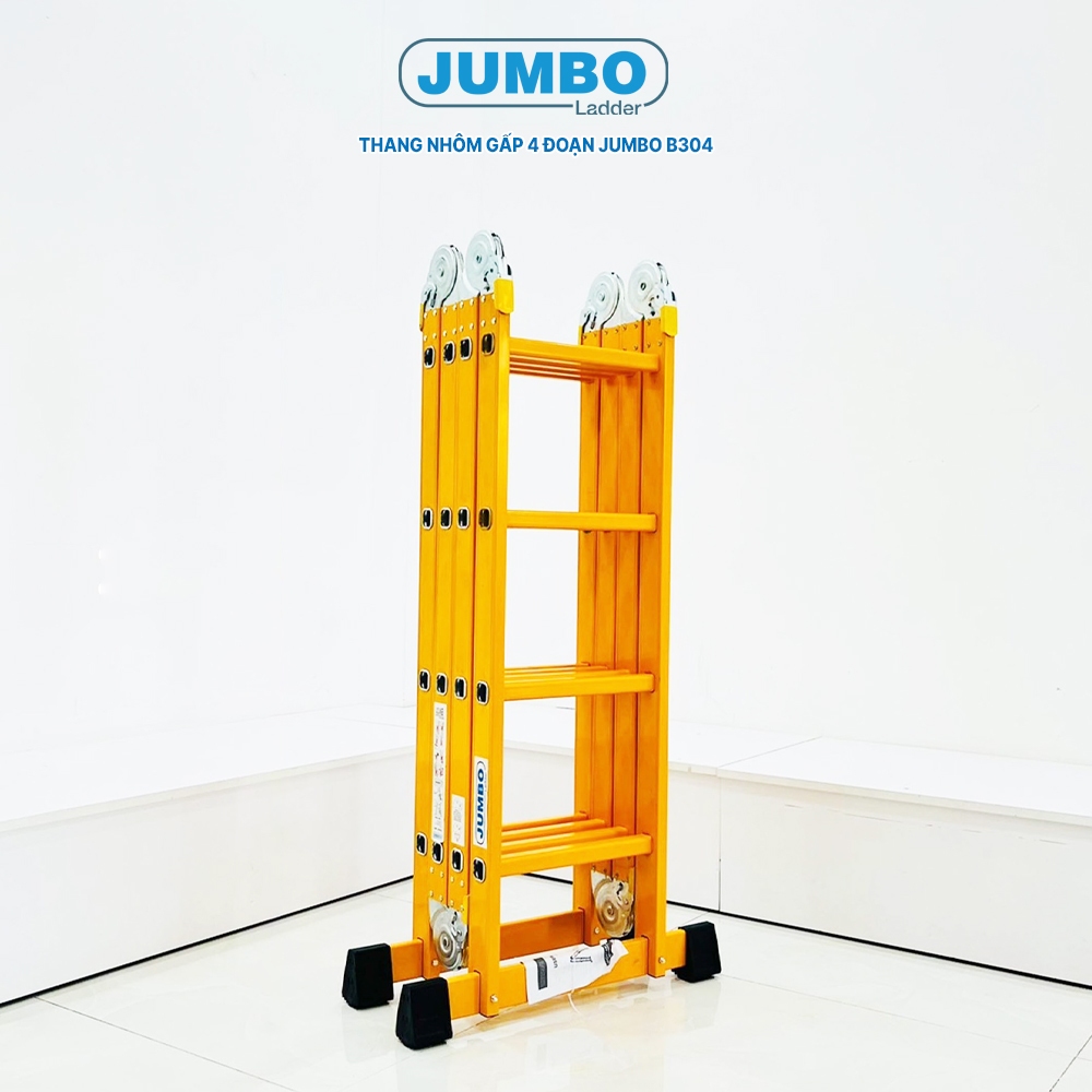 Thang nhôm gấp 4 đoạn JUMBO B304, chữ A - 2.35m, chữ I - 4.7m, 14 tư thế sử dụng, tải trọng 300kg