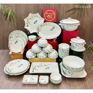 Bộ bát đĩa sứ set bát ăn cơm tô canh hoạ tiết trúc chuồn vẽ tay gốm sứ bát tràng làm quà tặng cao cấp