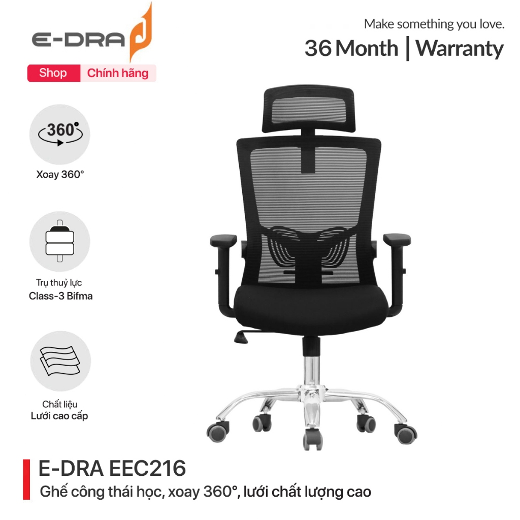 Ghế gaming, ghế công thái học văn phòng Ergonomic E-DRA EEC216 - Xoay 360 độ - Chất liệu lưới - Hàng chính hãng