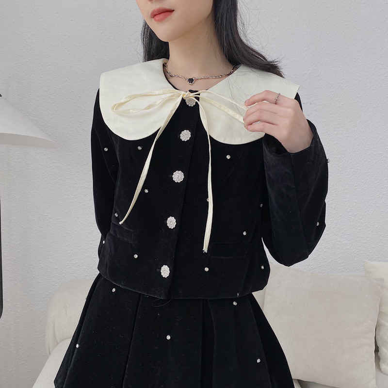 Set nhung đính đá chân váy xoè 353