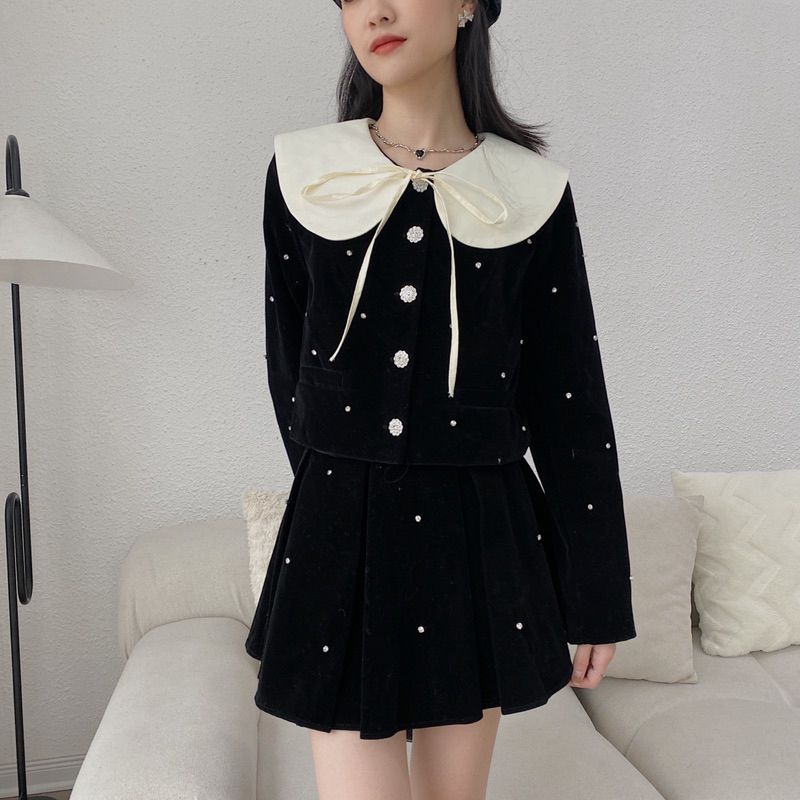 Set nhung đính đá chân váy xoè 353