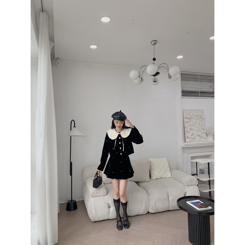 Set nhung đính đá chân váy xoè 353