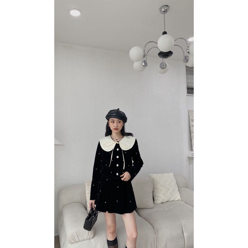 Set nhung đính đá chân váy xoè 353