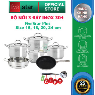 Combo Bộ nồi inox 304  và chảo chống dính vân đá cao cấp Fivestar 6 chiếc nắp inox , tặng 1 vá canh