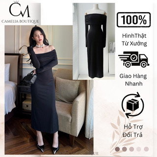 Đầm body trễ vai thun gân tk2605- camellia boutique
