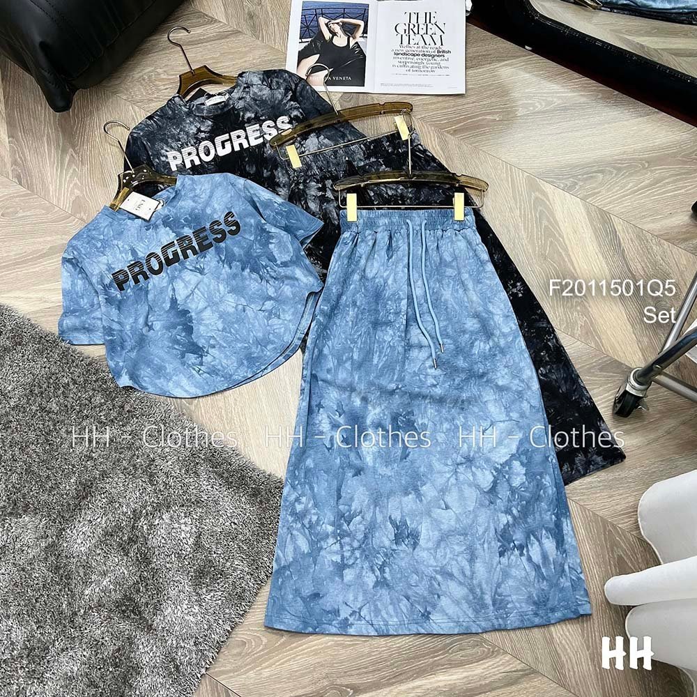 Set bộ thun loang màu áo dáng ngắn phối in chữ tay con kèm chân váy dáng dài!