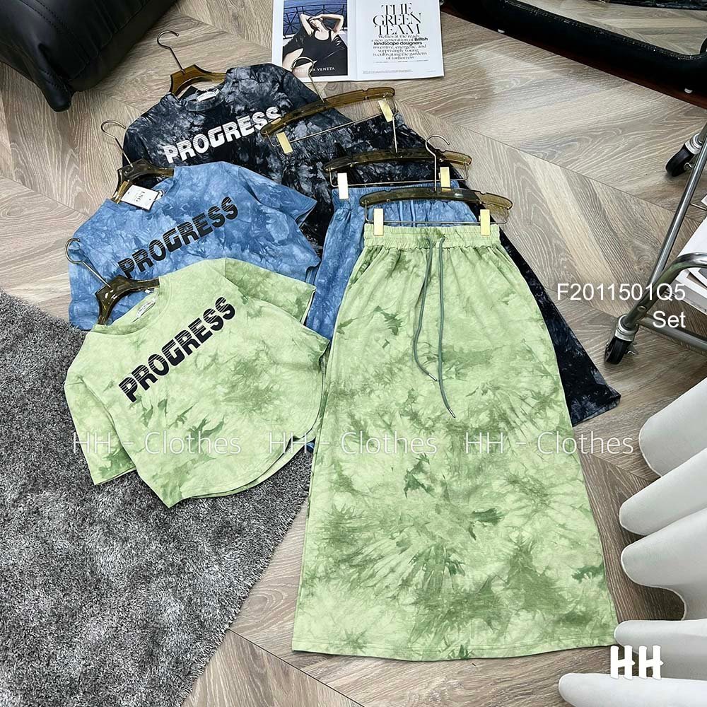 Set bộ thun loang màu áo dáng ngắn phối in chữ tay con kèm chân váy dáng dài!