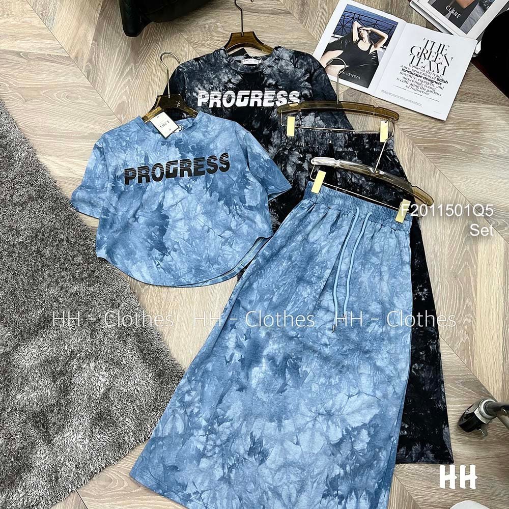 Set bộ thun loang màu áo dáng ngắn phối in chữ tay con kèm chân váy dáng dài!