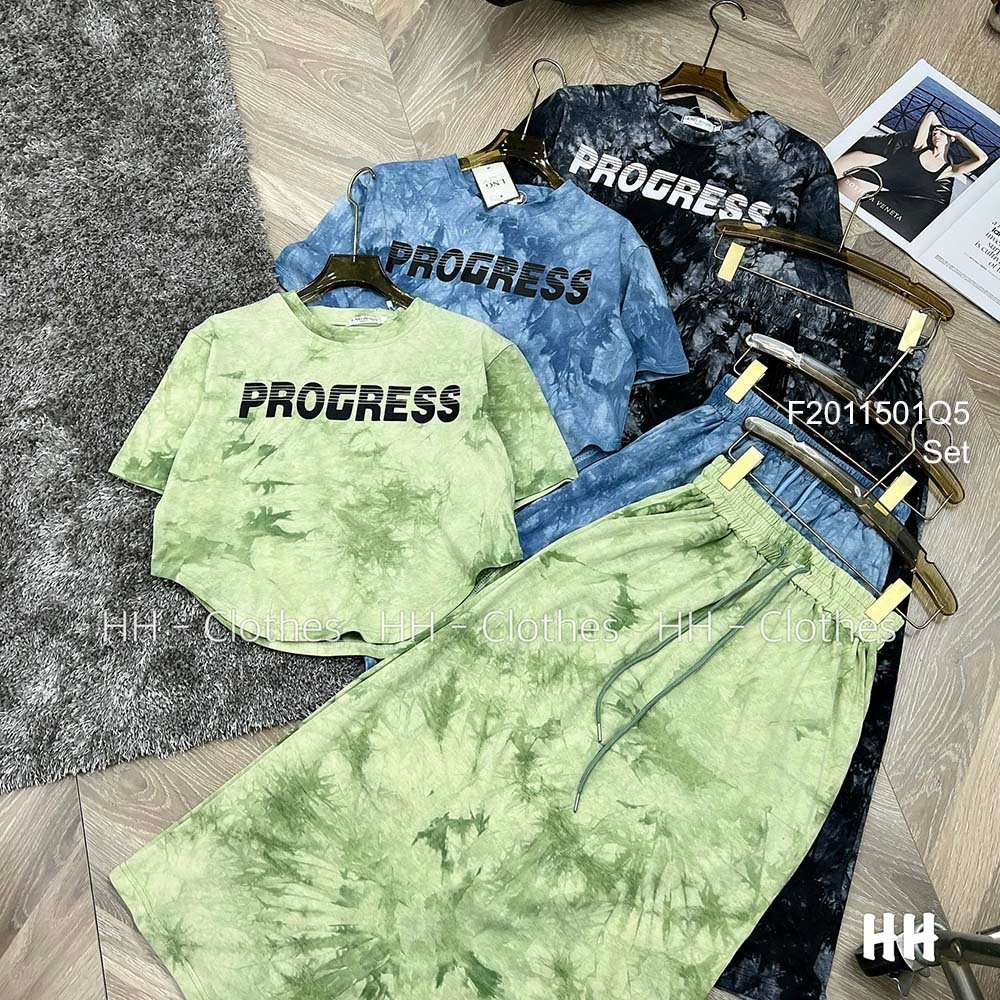 Set bộ thun loang màu áo dáng ngắn phối in chữ tay con kèm chân váy dáng dài!