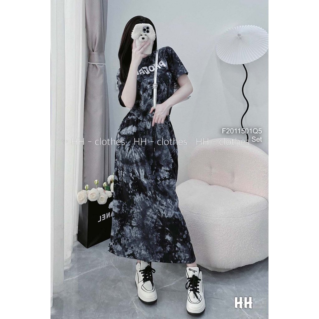 Set bộ thun loang màu áo dáng ngắn phối in chữ tay con kèm chân váy dáng dài!